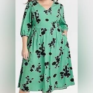 AVA & VIV size XXL Green Dress with Black Floral Pattern & 3/4 length sleeves